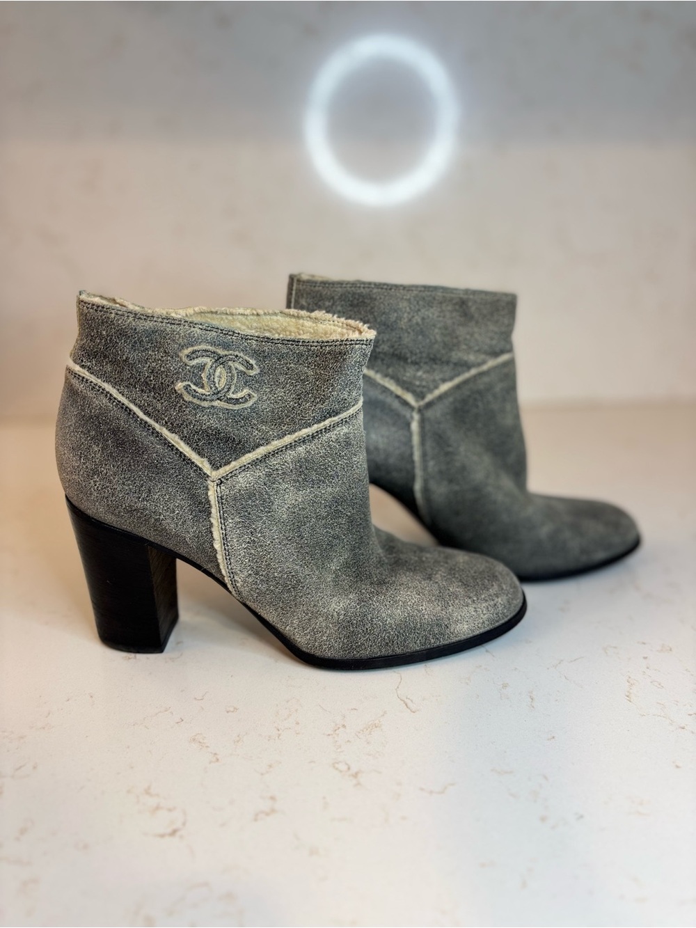 CHANEL Gray Suede Shearling Trim Ankle Booties